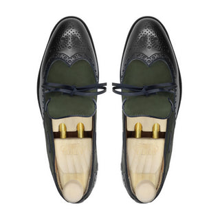 Dubnion - Men's Black Calf Leather and Olive Green Kid Suede Loafer