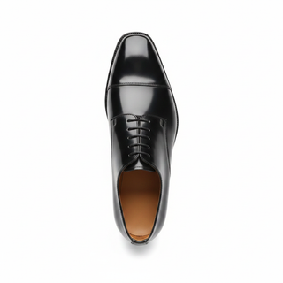 Black leather oxford cap toe dress shoe top view