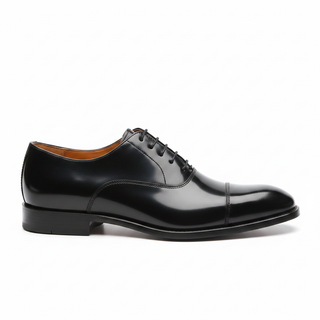 Black leather oxford cap toe dress shoe side view