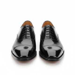 Black leather oxford cap toe dress shoe front view